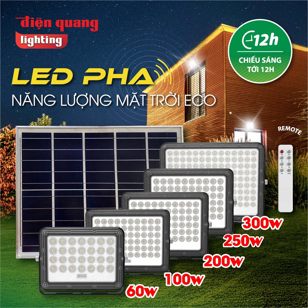 Đèn năng lượng mặt trời, LED Pha NLMT Điện Quang V03 (Ánh Sáng Trắng, Công suất từ 60W - 300W, BH 2 năm, Hiệu suất cao, Có giấy kiểm định)