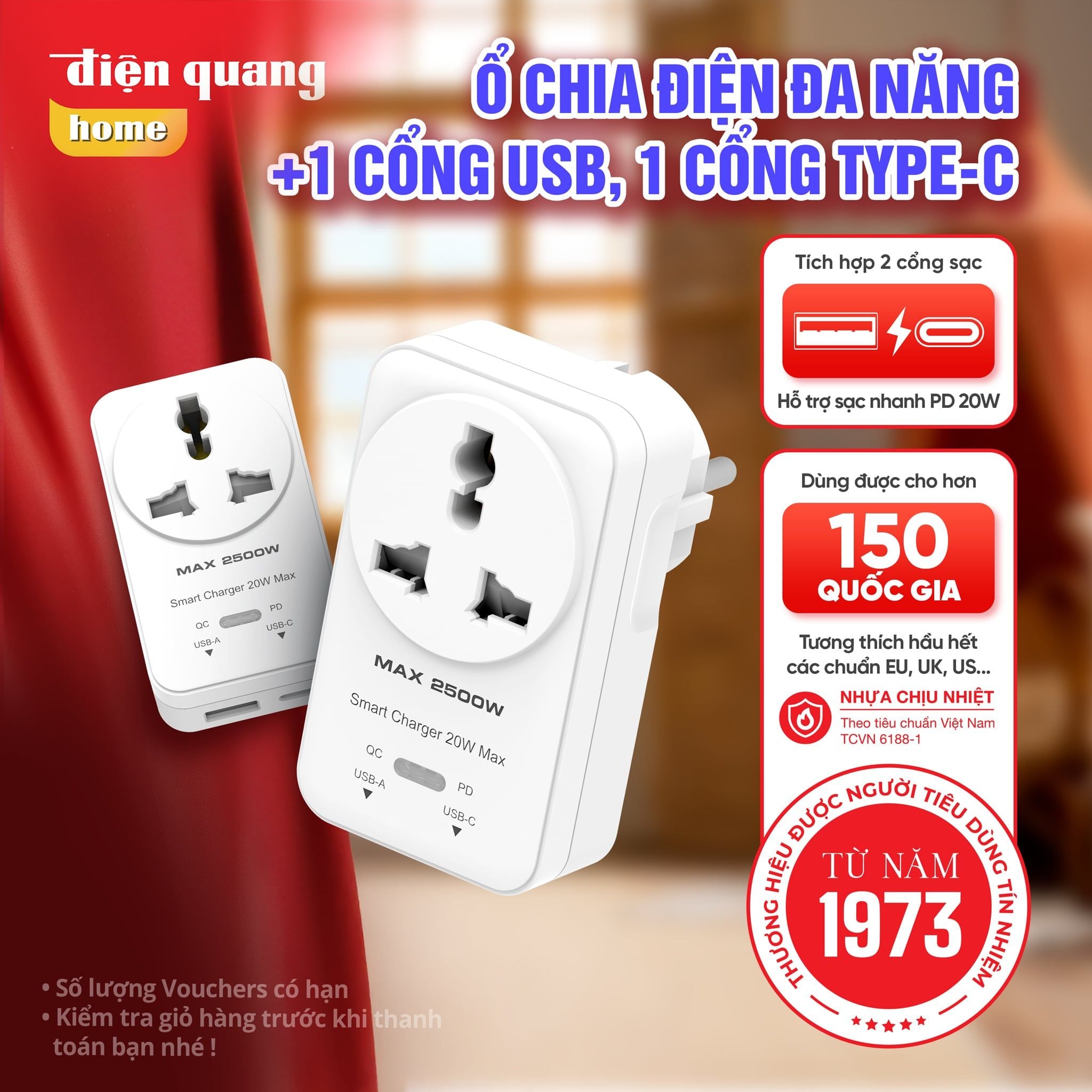 Ổ cắm ĐQ EQS 1W 2U FC (1 lỗ 3 chấu, 1A 1C, sạc nhanh, màu trắng)